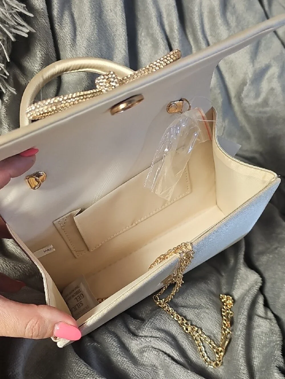 Cream Top-Handle Satchel with Crystal Knot Accent & Crossbody Chain AC